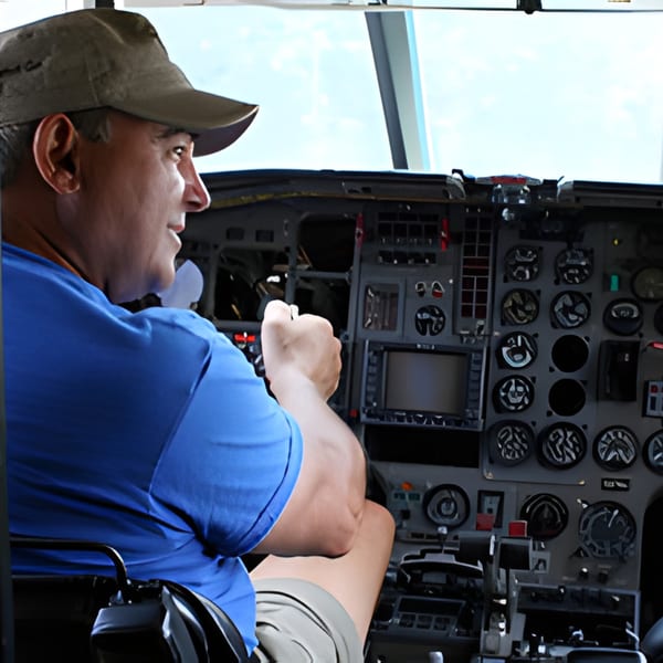 A man in a blue shirt and cap sits in a cockpit, hands on controls.